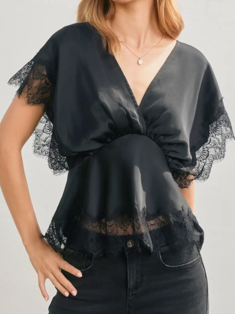 Silky Lace-Trim V-Neck Chemise Top in Black